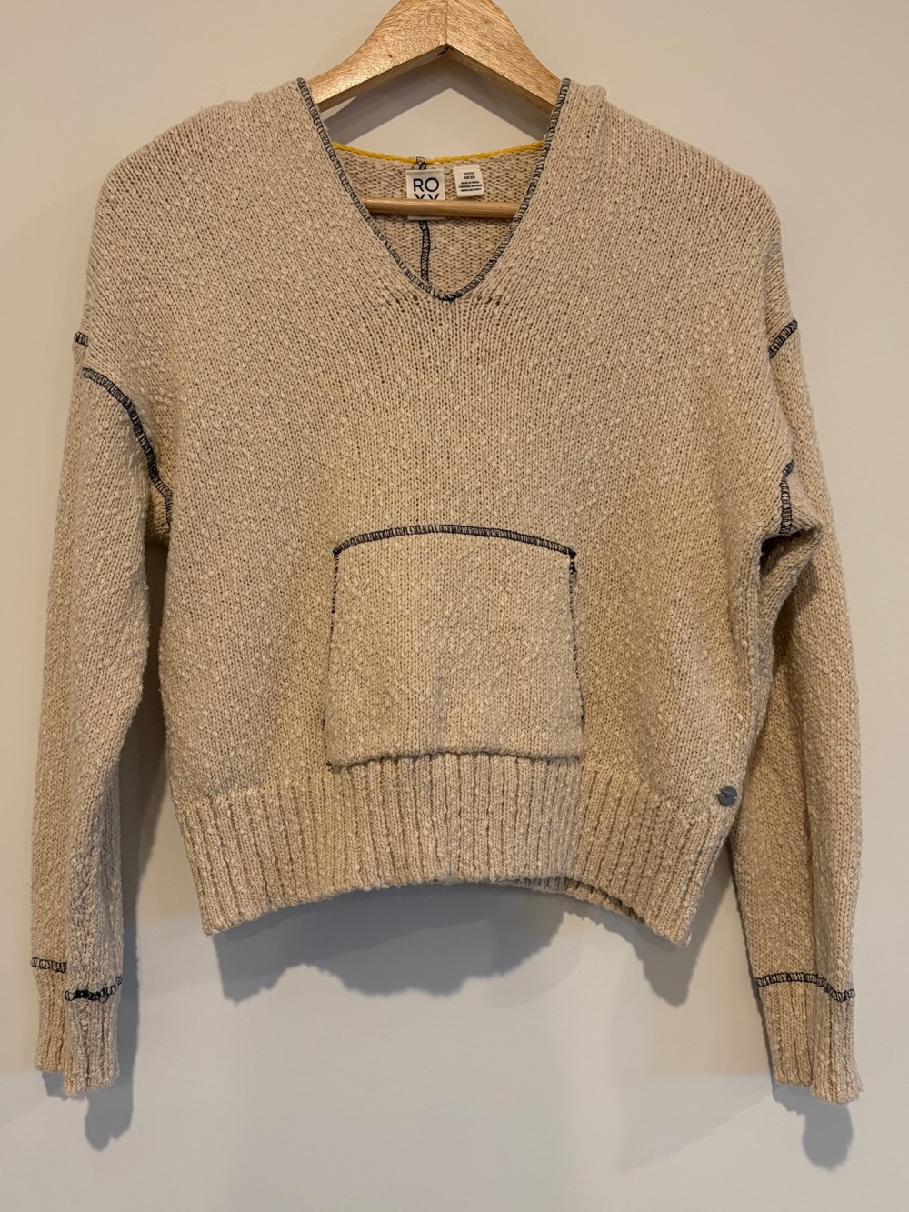 Roxy Size S Parchment Beige Oasis Discovery Knit V-Neck Hooded Sweater